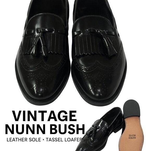 Vintage Nunn Bush Loafers Shoes Slip-Ons Men’s 8D Black Leather Tassel Wingtip - Picture 6 of 6